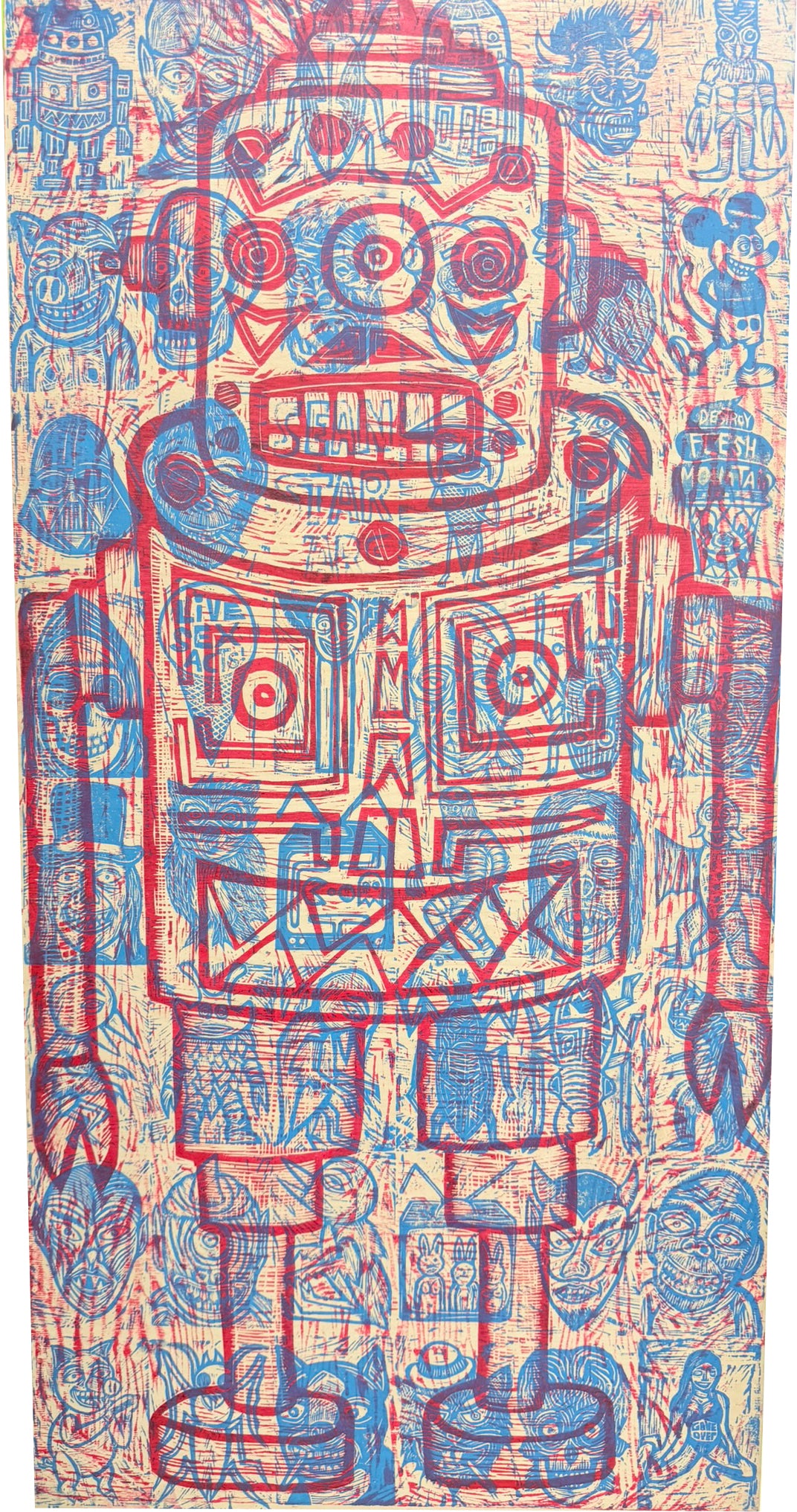 Sentinel  (Implanted Memories) Woodcut Printed on Painted Wooden Panel