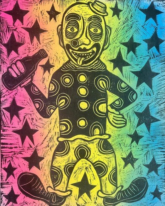 Cosmic Clown Woodcut printed on a Wooden Panel