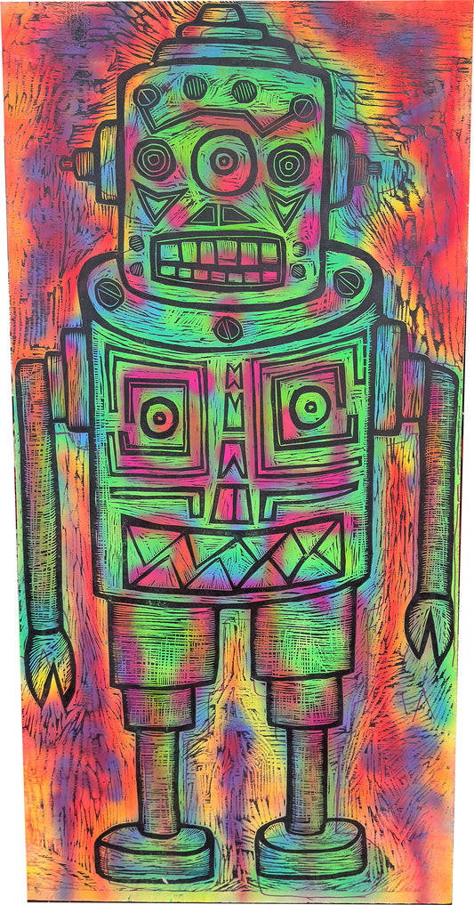Sentinel  (Green) Woodcut Printed on Painted Wooden Panel