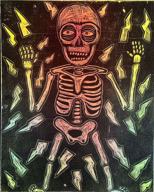 Skeleton Woodcut printed on a Wooden Panel