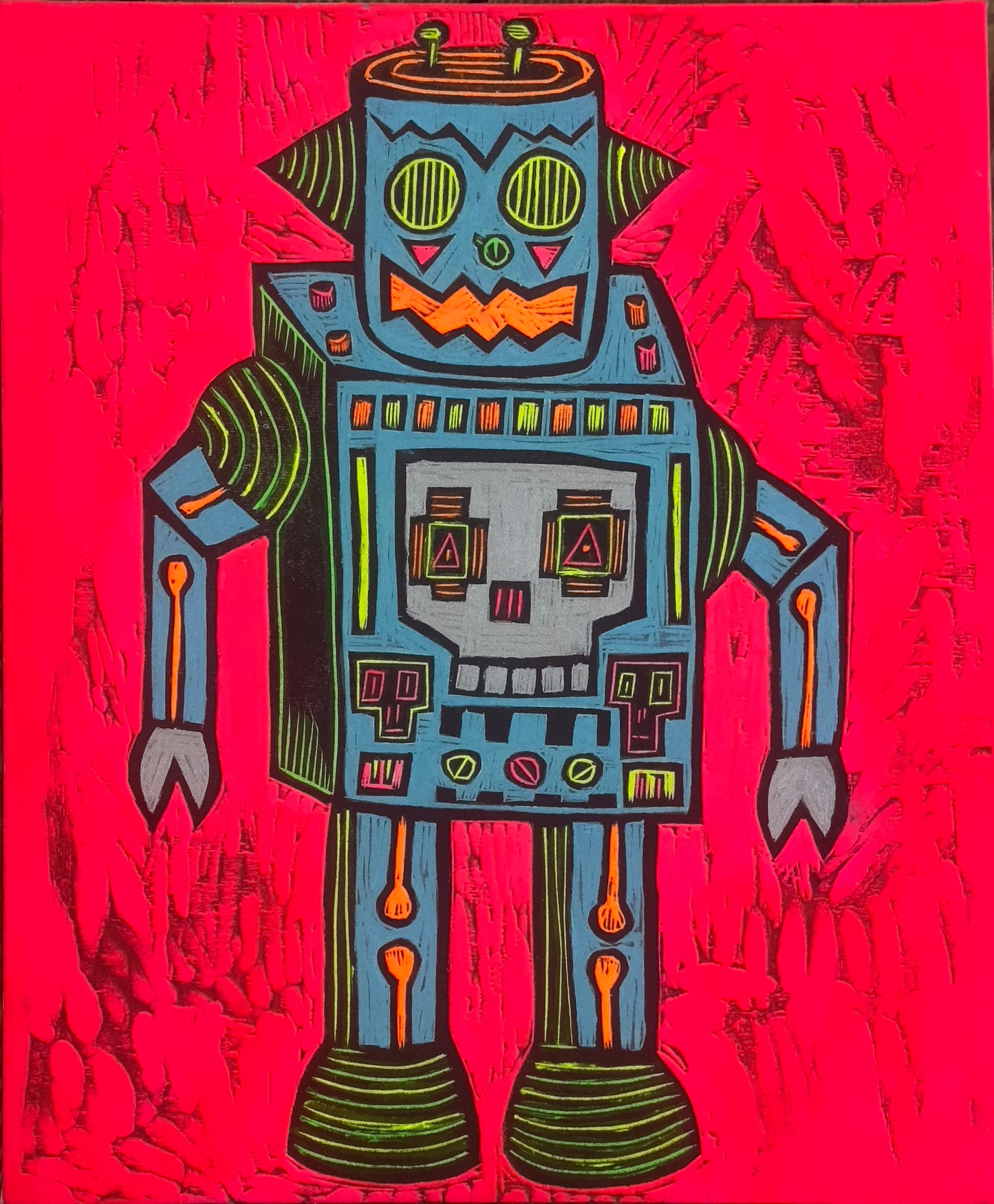 Skull Robot Painted Woodcut on Canvas