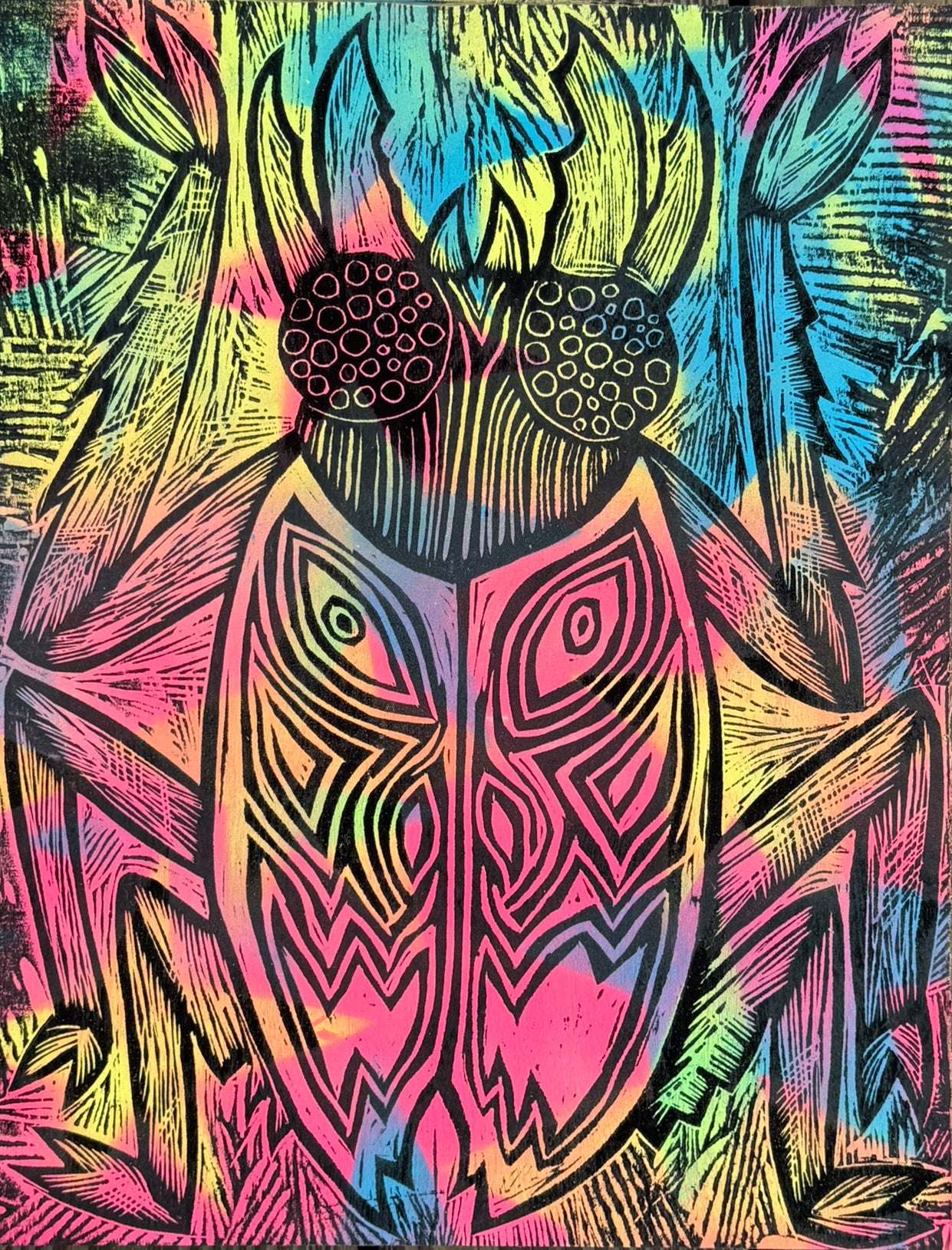 Starfield Beetle Woodcut on Wooden Panel