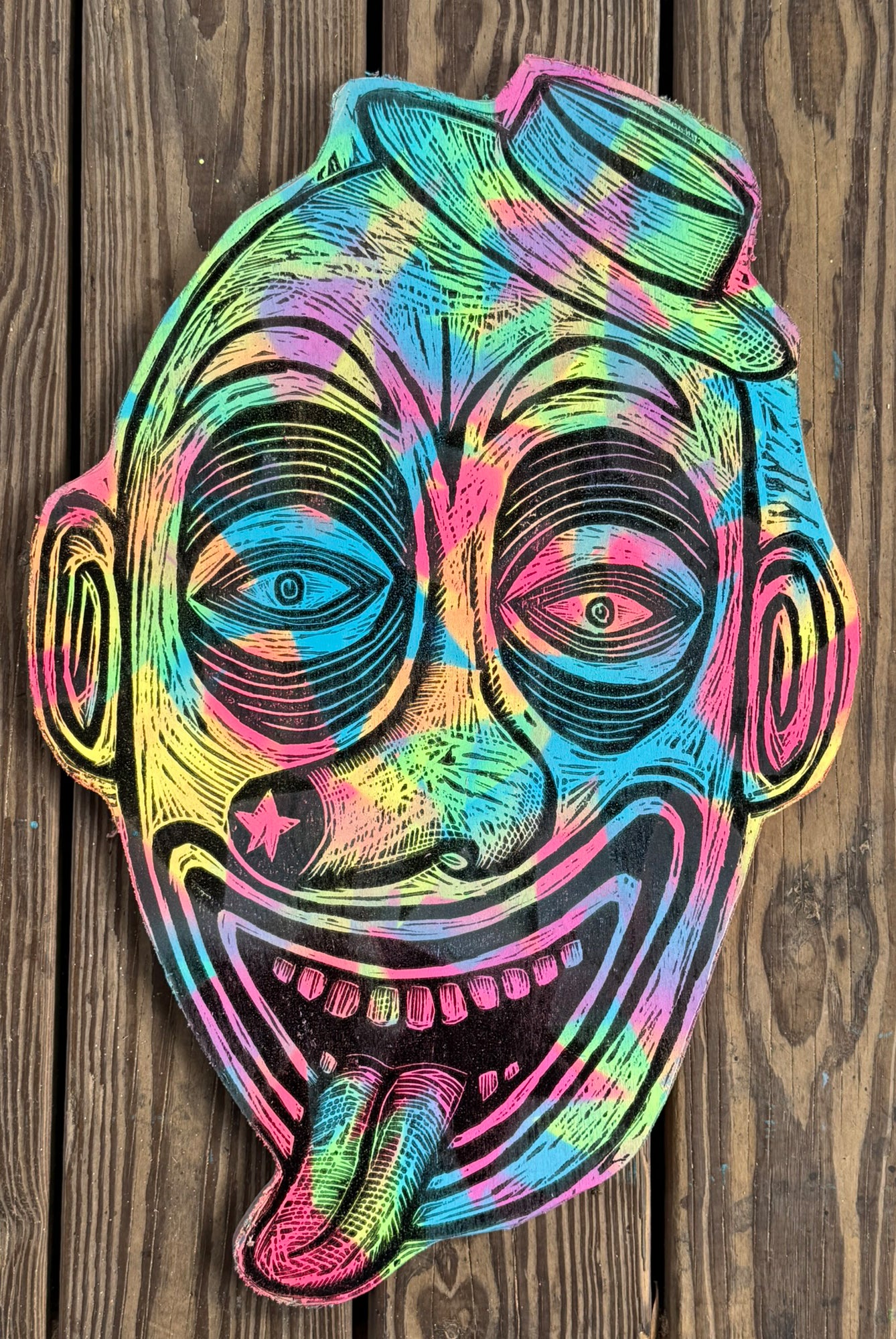 Starfield Laughing Clown Woodcut Printed on Wooden Panel