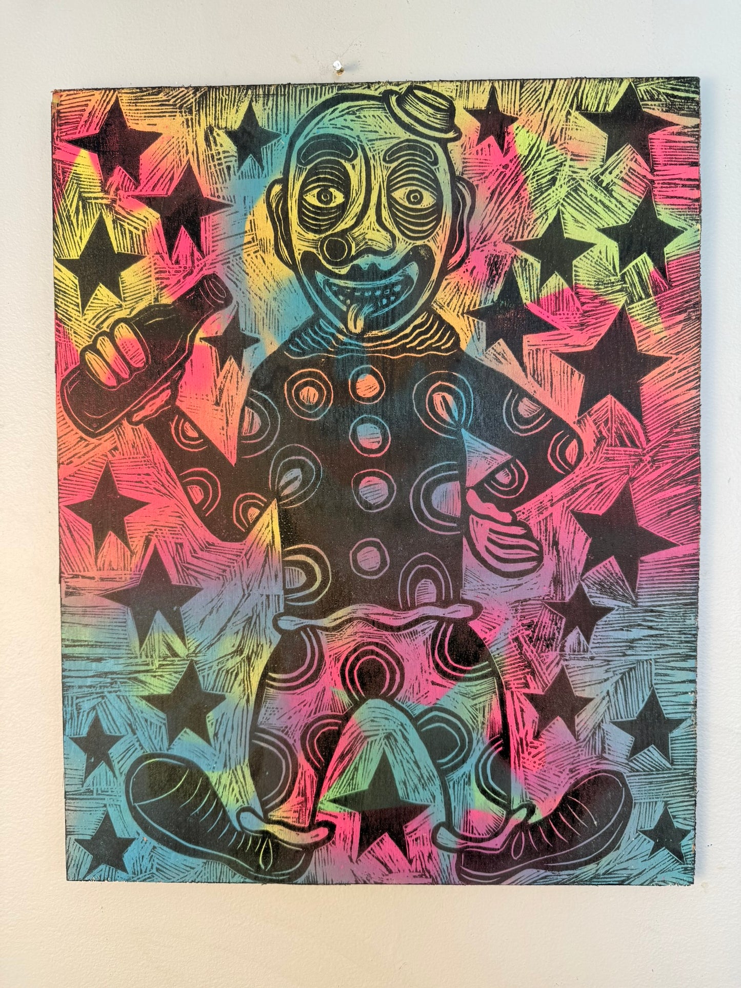 Cosmic Clown Woodcut printed on a Wooden Panel