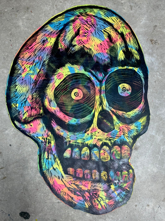 Giant Yellow Skull Skull Woodcut Printed on Wooden Panel