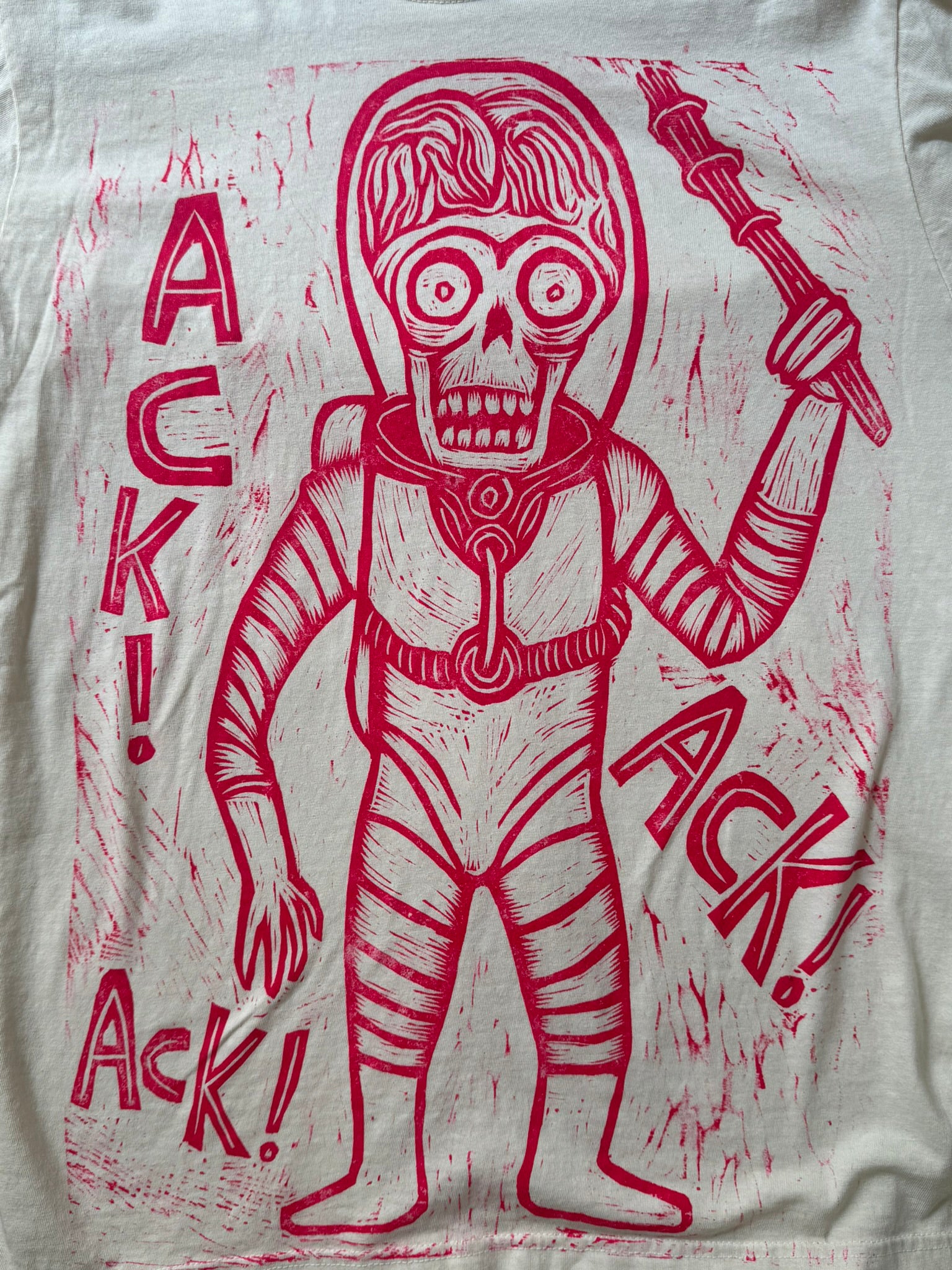 Ack! Ack! Ack!  Woodcut Handprinted T-Shirt