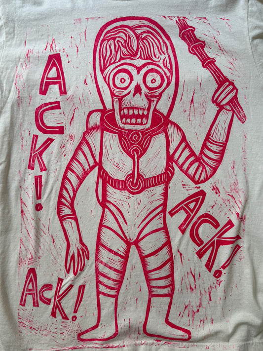 Ack!  Ack! Ack!  Woodcut Handprinted T-Shirt
