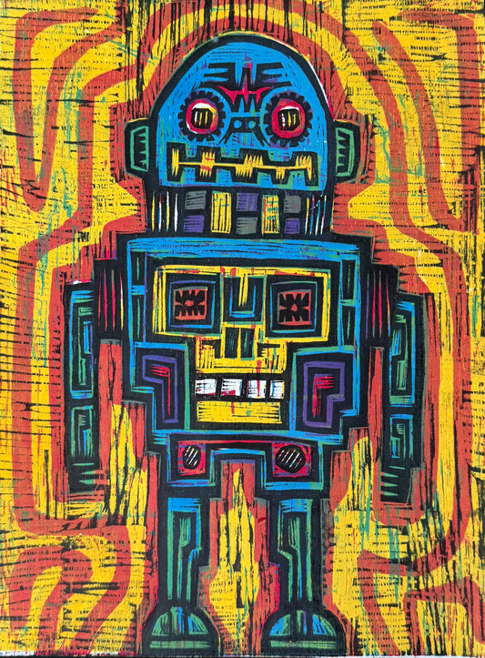 Astrono Robot  Woodcut Print