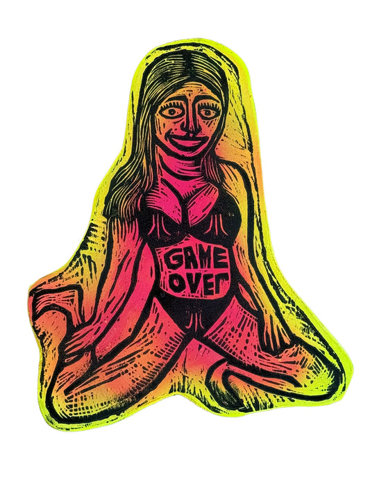 Atari Girl Woodcut handprinted on Wooden Panel 10"x 10"