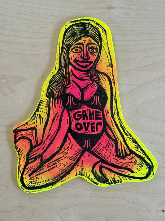 Atari Girl Woodcut handprinted on Wooden Panel 10"x 10"