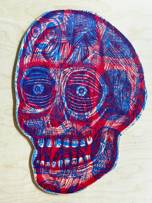 Skull Woodcut Printed on Wooden Panel 13" x 19"