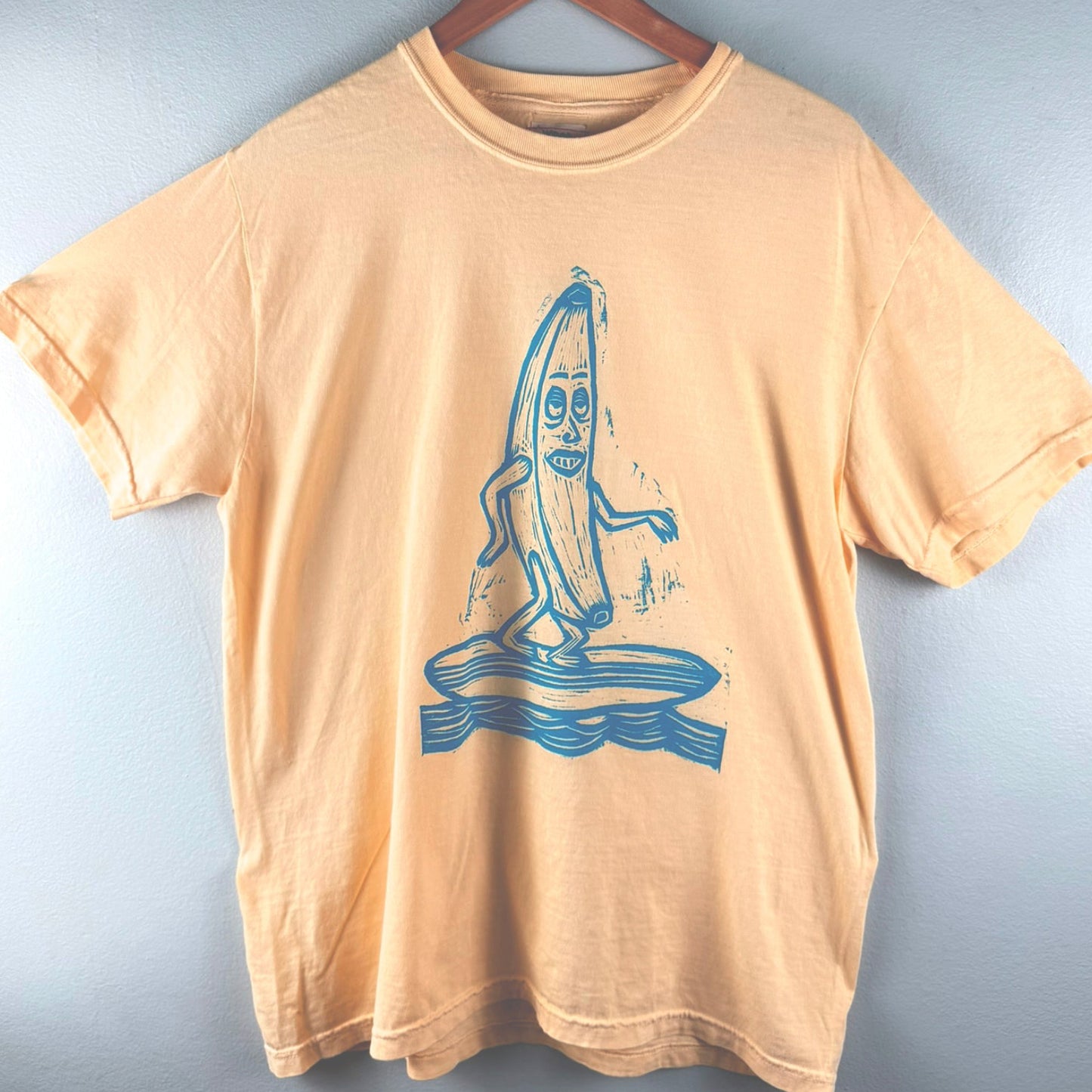 Surfing Banana Woodcut Handprinted T-Shirt