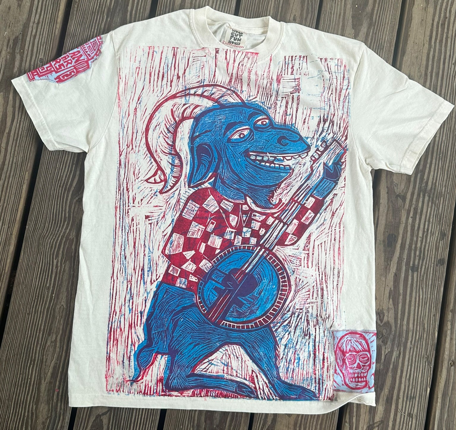 Banjo Goat Tshirt Limited Edition Appliqued Handprinted Shirt