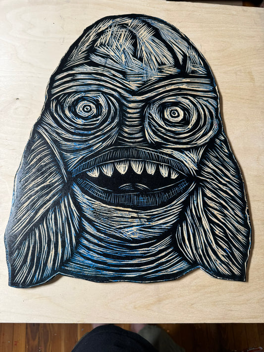 Creature Head Appliqued Woodcut Handprinted T-Shirt