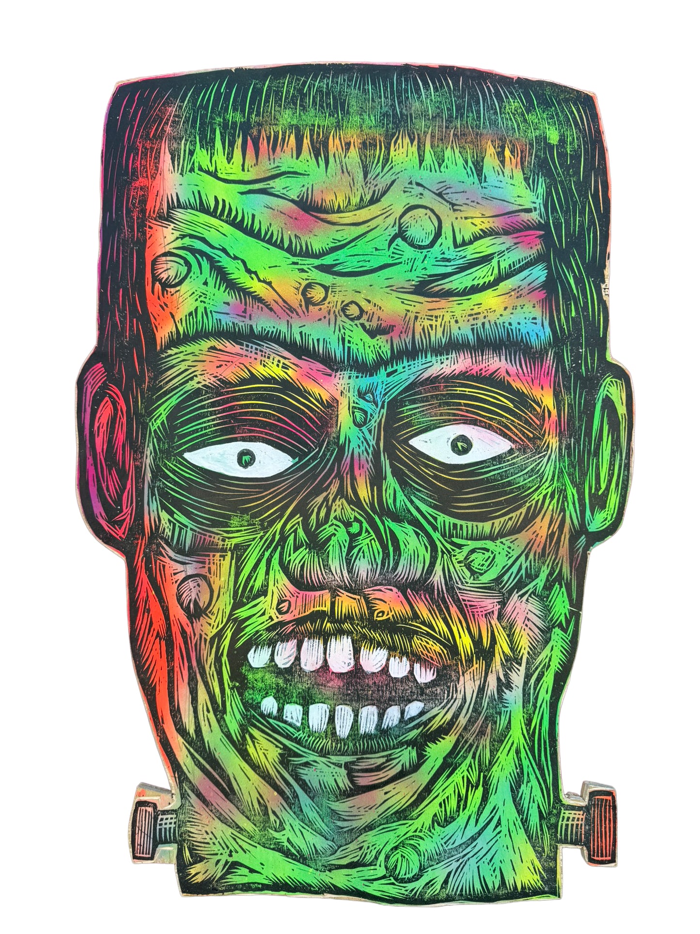 Big Frankenstein Woodcut Printed on Wooden Panel 20"x 30"