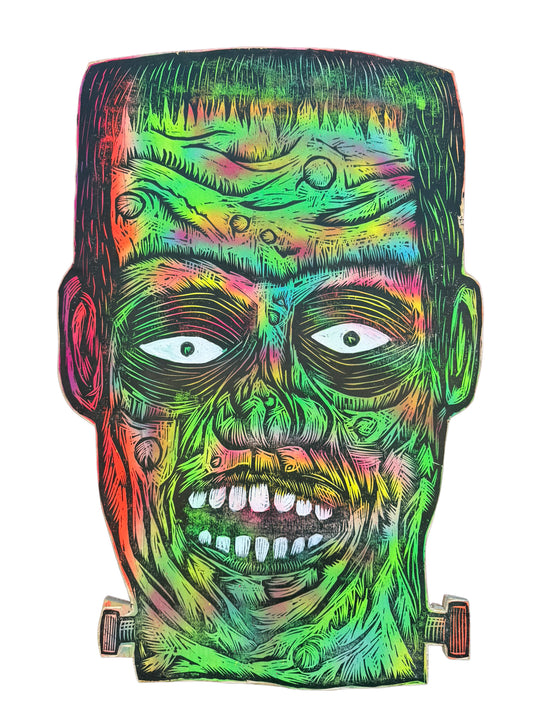 Big Frankenstein Woodcut Printed on Wooden Panel 20"x 30"