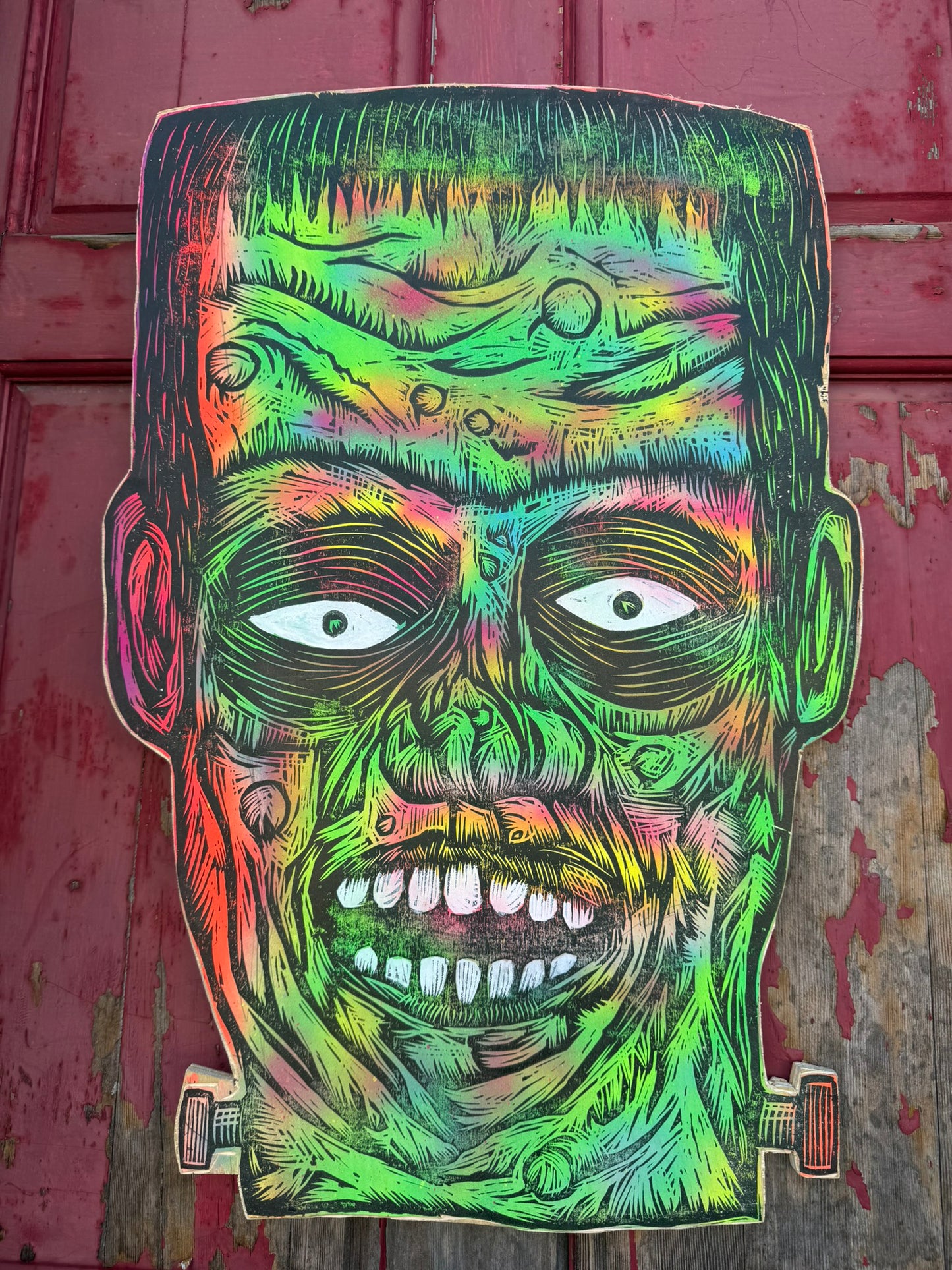 Big Frankenstein Woodcut Printed on Wooden Panel 20"x 30"