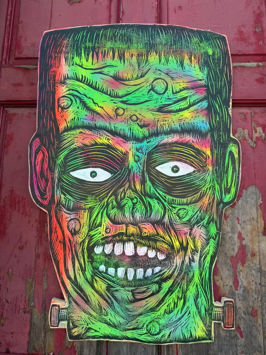 Big Frankenstein Woodcut Printed on Wooden Panel 20"x 30"