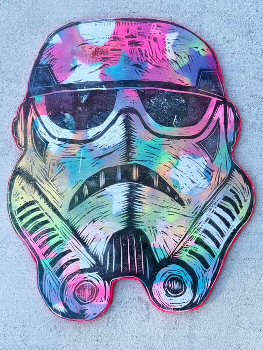 Big Stormtrooper Woodcut handprinted on Wooden Panel 18"x 28"