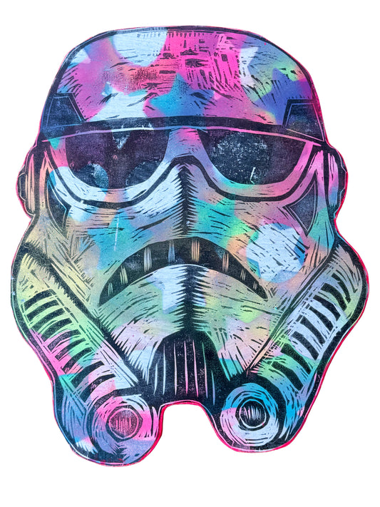 Big Stormtrooper Woodcut handprinted on Wooden Panel 18"x 28"