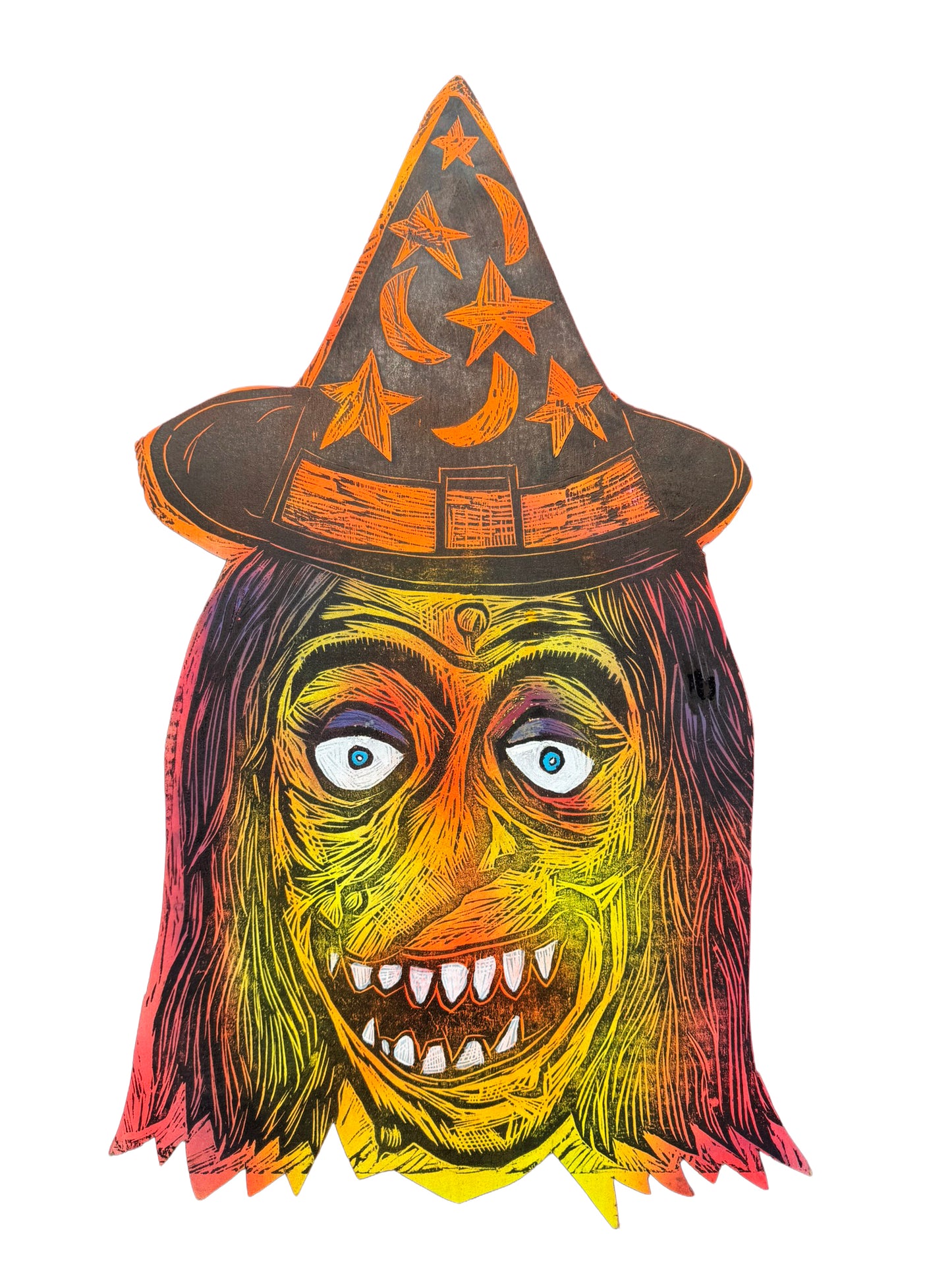 Big Witch Woodcut Printed on Wooden Panel 20"x 30"