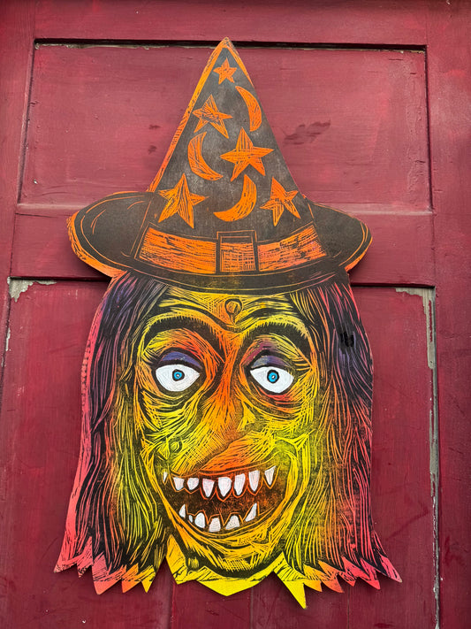 Big Witch Woodcut Printed on Wooden Panel 20"x 30"