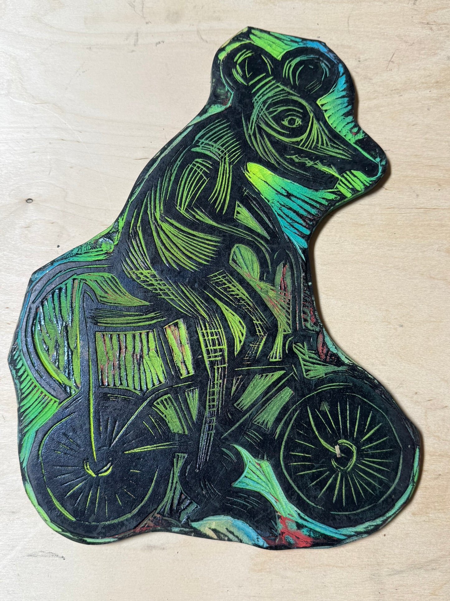Bike Rat Woodcut Handprinted T-Shirt
