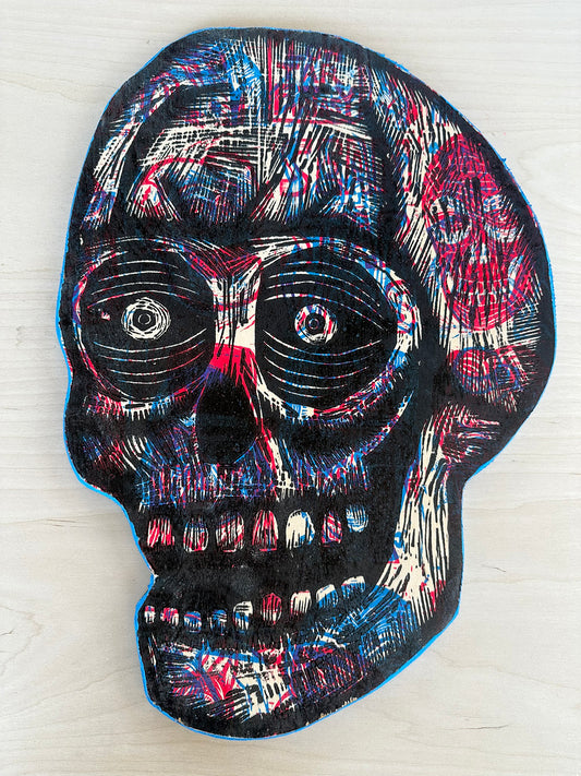 Black Red and Blue Skull Woodcut Printed on Wooden Panel