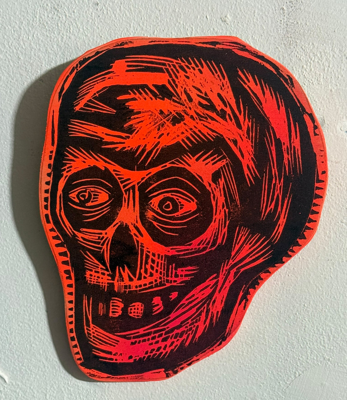 Blaze Orange Compact Skull  Woodcut  printed on  Wooden Panel