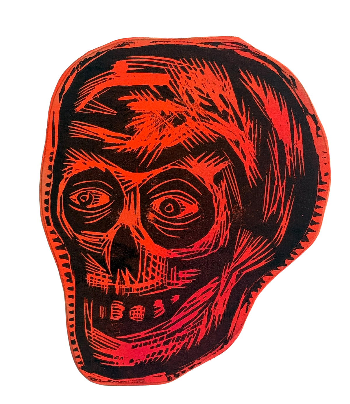 Blaze Orange Compact Skull  Woodcut  printed on  Wooden Panel