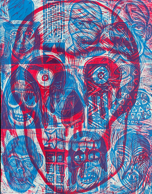 Bloody Eyes Skull Woodcut Handpulled Print