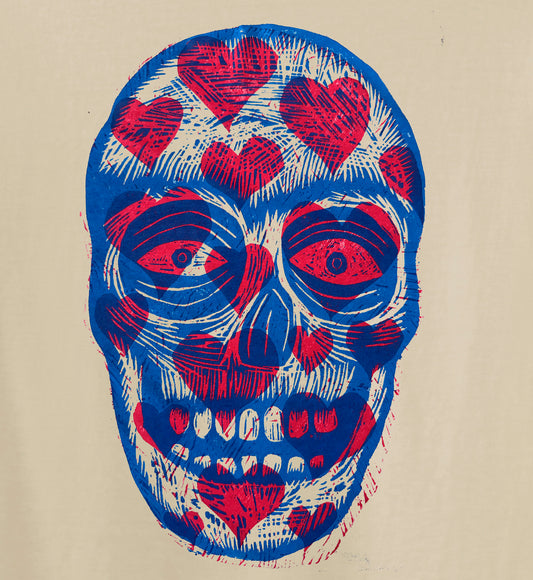 Hearts Skull  Woodcut Handprinted T-Shirt