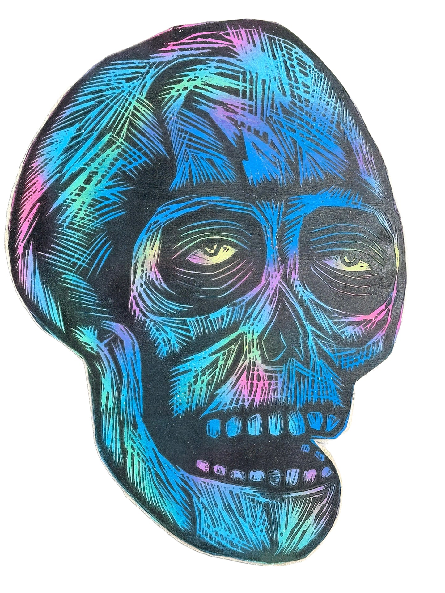 Blue Skull (Right Facing) Woodcut printed on Wooden Panel