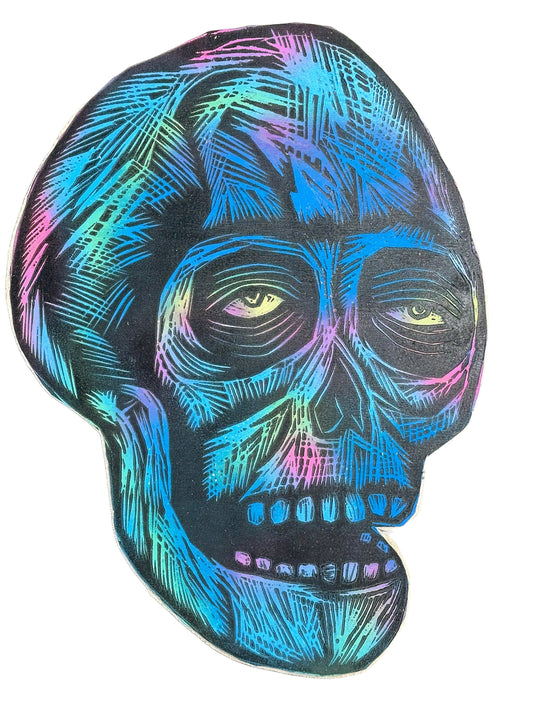 Blue Skull (Right Facing) Woodcut printed on Wooden Panel