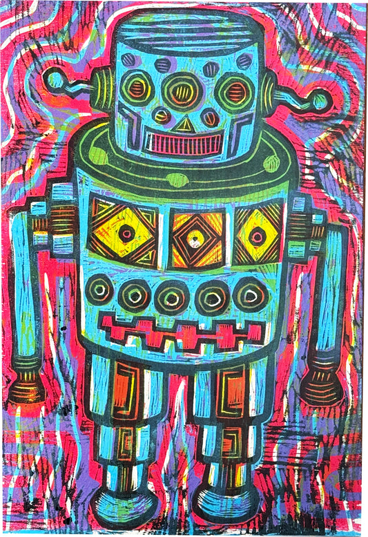 Blue Robot Woodcut  Handpulled Editioned Print