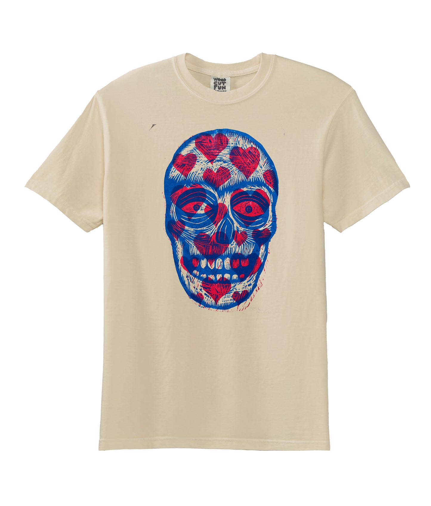 Hearts Skull  Woodcut Handprinted T-Shirt