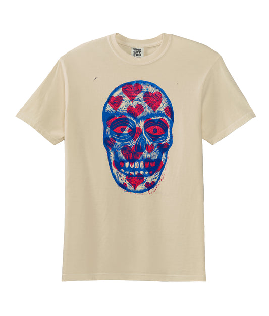 Hearts Skull  Woodcut Handprinted T-Shirt