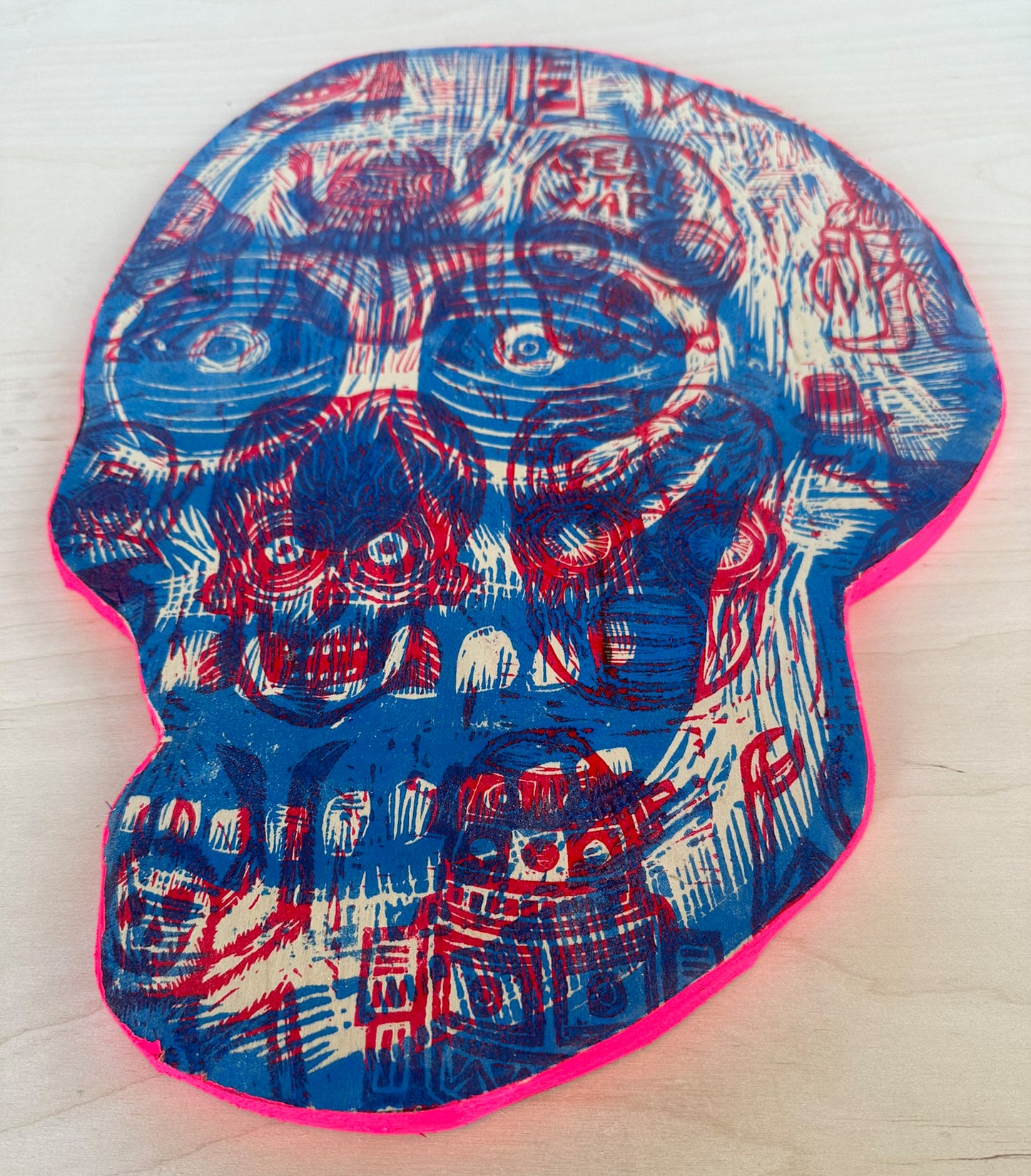 Blue and Red  Skull Woodcut Printed on Wooden Panel
