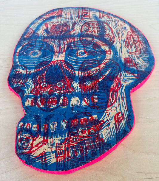 Blue and Red  Skull Woodcut Printed on Wooden Panel