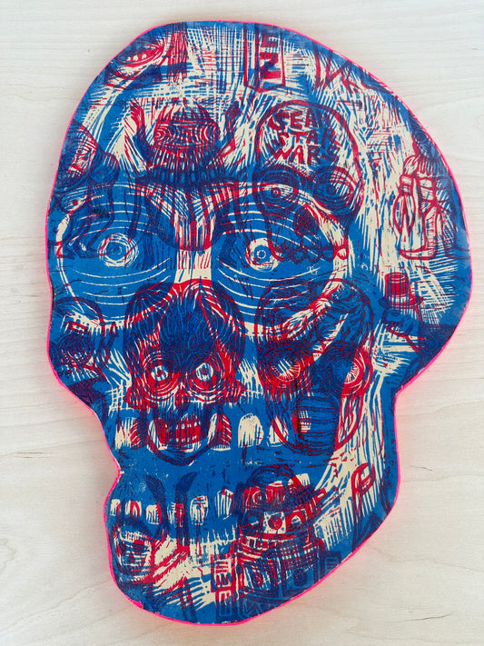 Blue and Red  Skull Woodcut Printed on Wooden Panel