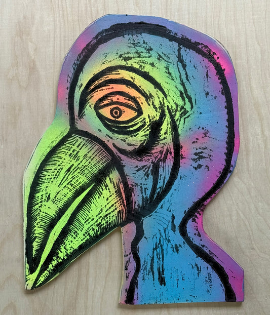 Bird Man  Woodcut Printed on Wooden Panel