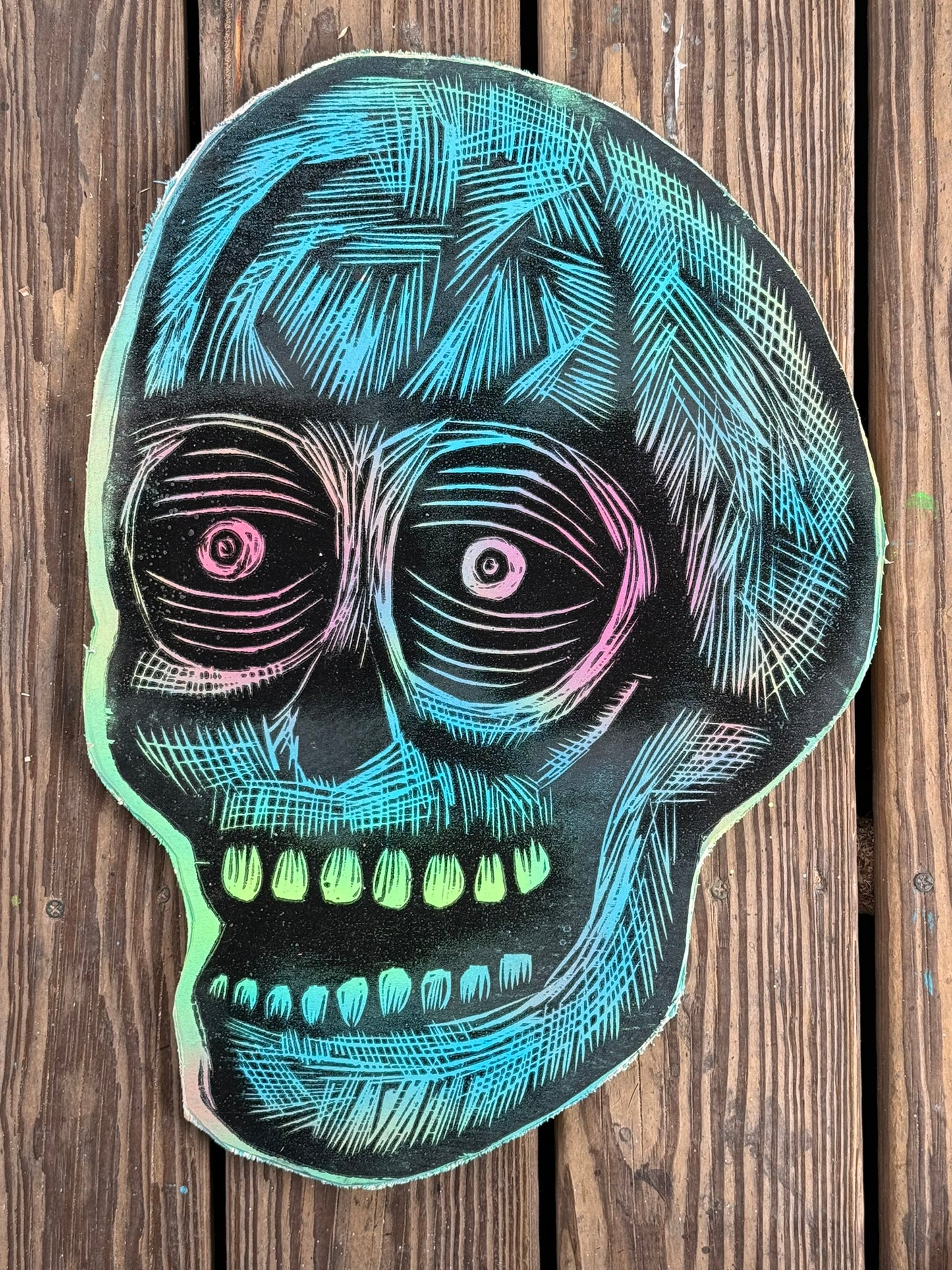 Blue Christmas Skull Woodcut Printed on Wooden Panel