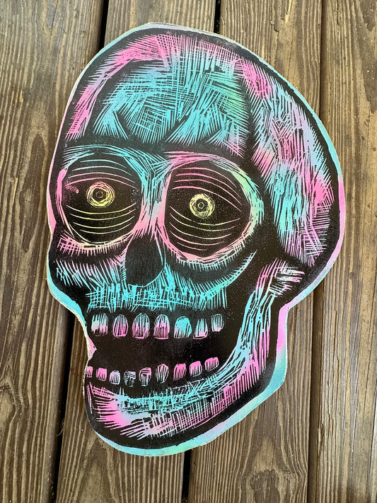 Blue Bubblegum Skull Woodcut Printed on Wooden Panel