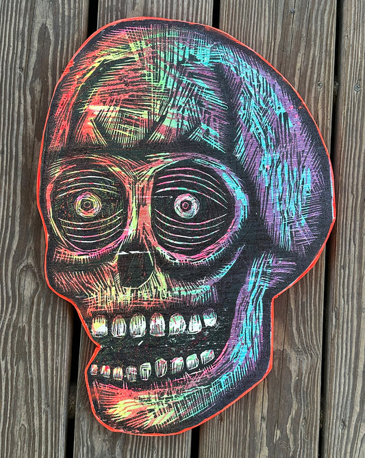 Blue Rainbow Skull Woodcut Printed on Wooden Panel