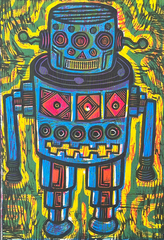 Blue Robot Woodcut hand pulled Print