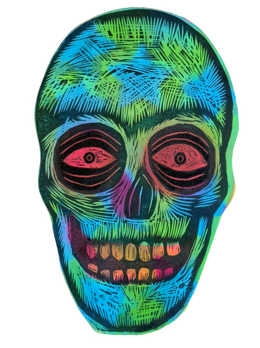 Skull Woodcut Handprinted on Wooden Panel 11 x 17