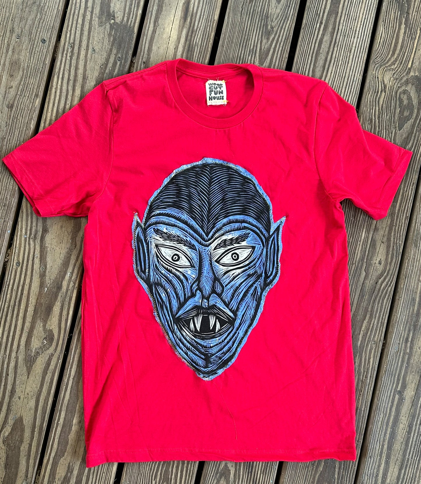 Blue Vampire Appliqued Woodcut Handprinted T-Shirt