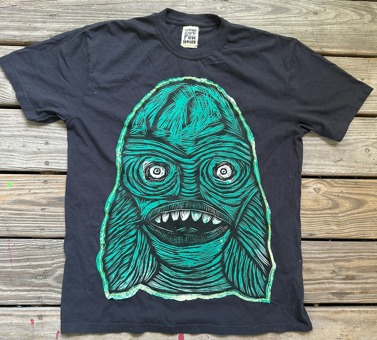 Creature Head Appliqued Woodcut Handprinted T-Shirt