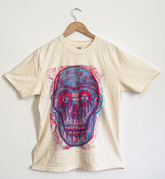 Bloody Eye Skull And Chimp Woodblock Handprinted T-Shirt