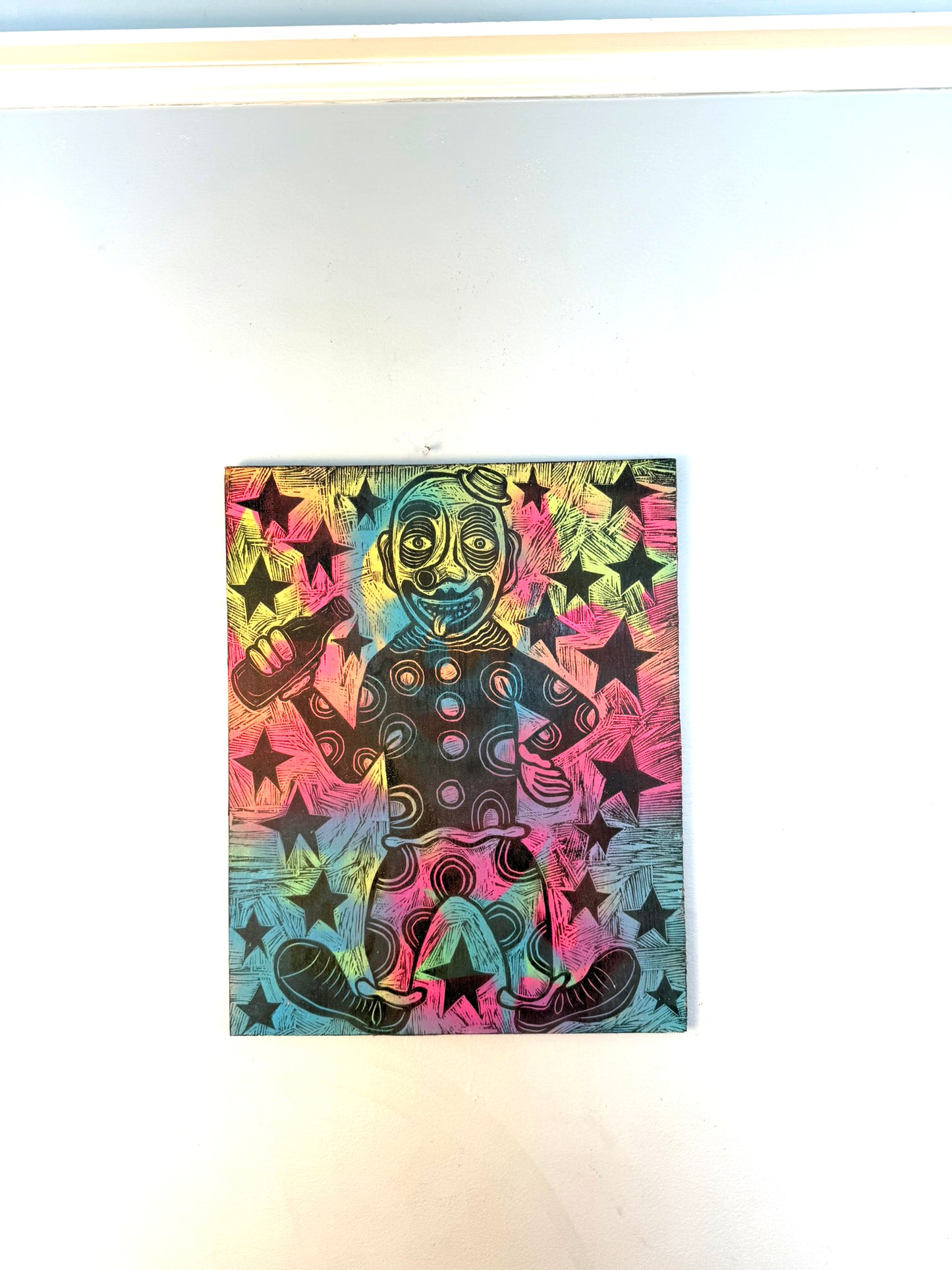 Cosmic Clown Woodcut printed on a Wooden Panel